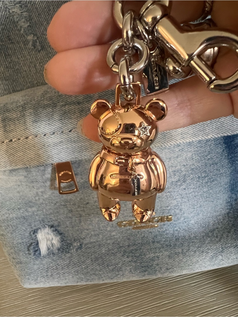 Coach Rose Gold Teddy Bear Keychain Charm